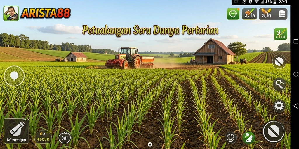 Tampilan gameplay ARISTA88 yang menampilkan ladang hijau subur dan hewan peliharaan.