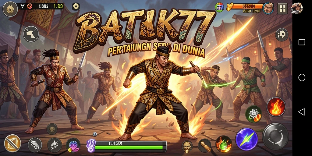 Tampilan gameplay seru dalam pertarungan karakter seni batik.