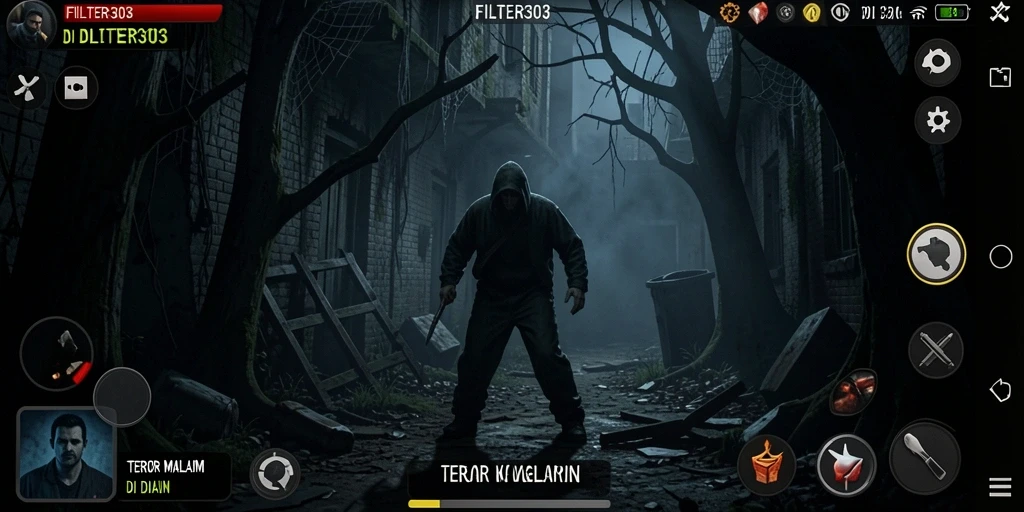 Tangkapan layar gameplay FILTER303 dengan suasana mencekam yang nyata.