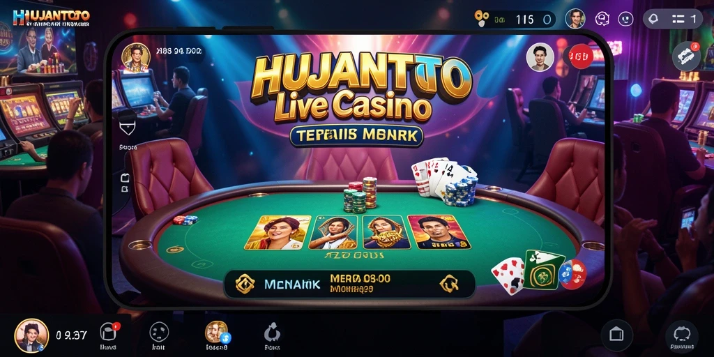 Screenshot gameplay HUJANTOTO menampilkan dealer profesional dan suasana kasino yang memukau.