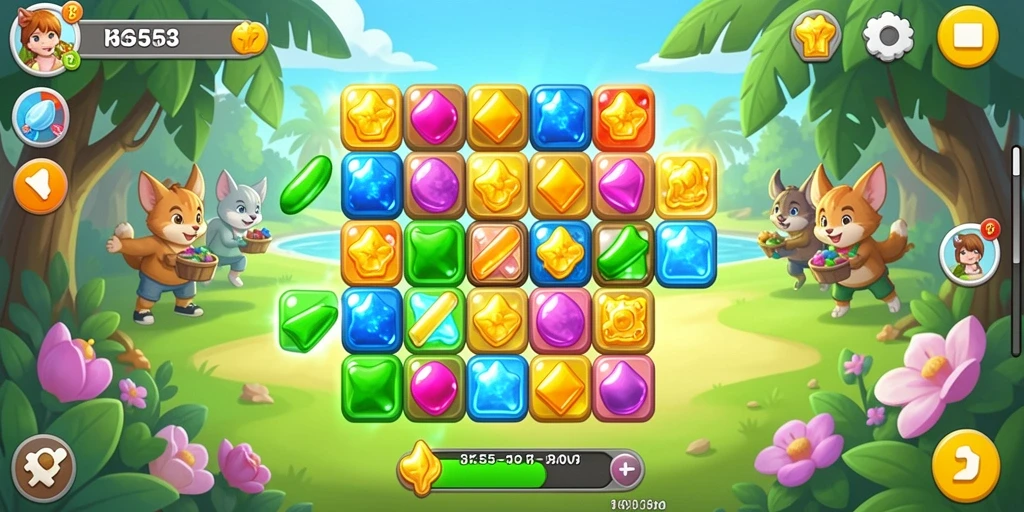 Tampilan gameplay RK55 yang menarik dengan permata cerah di papan permainan.