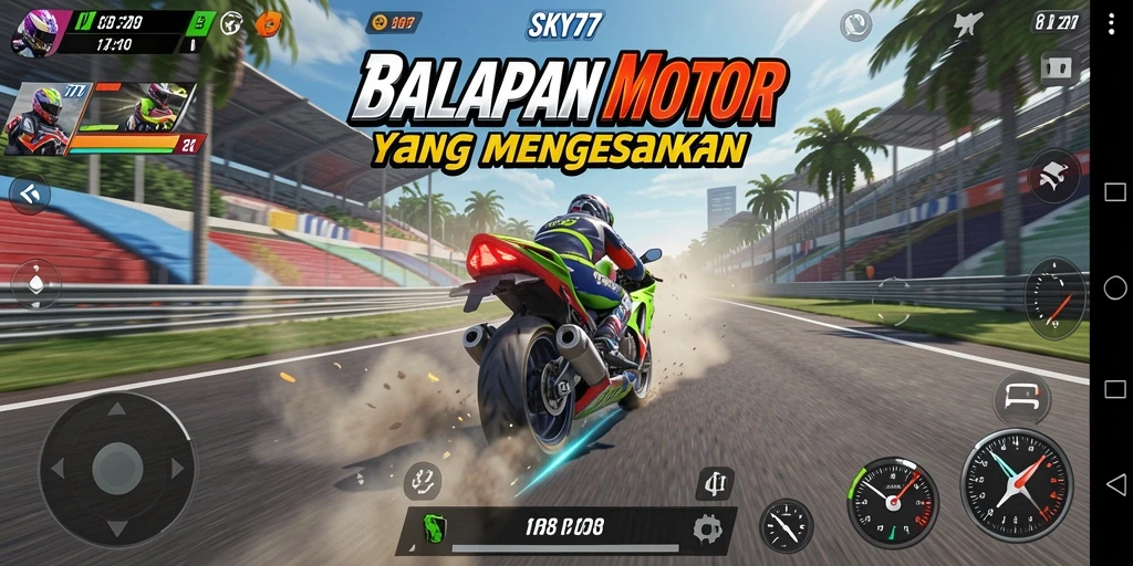 Tampilan gameplay balapan motor yang mendebarkan di SKY77.